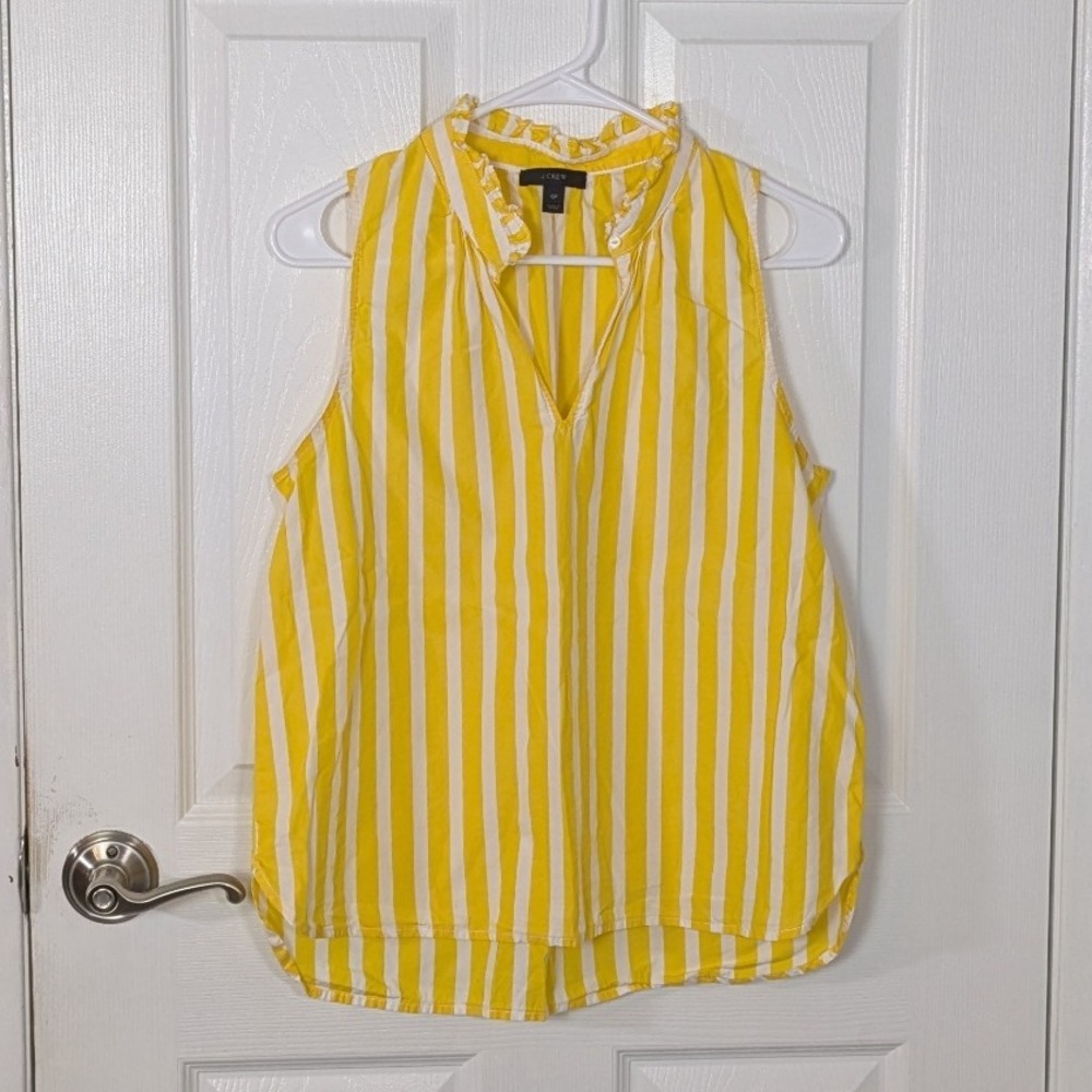 J. Crew 100% Cotton Striped Sleeveless Top Ruffle Neck Blouse Yellow White 10P